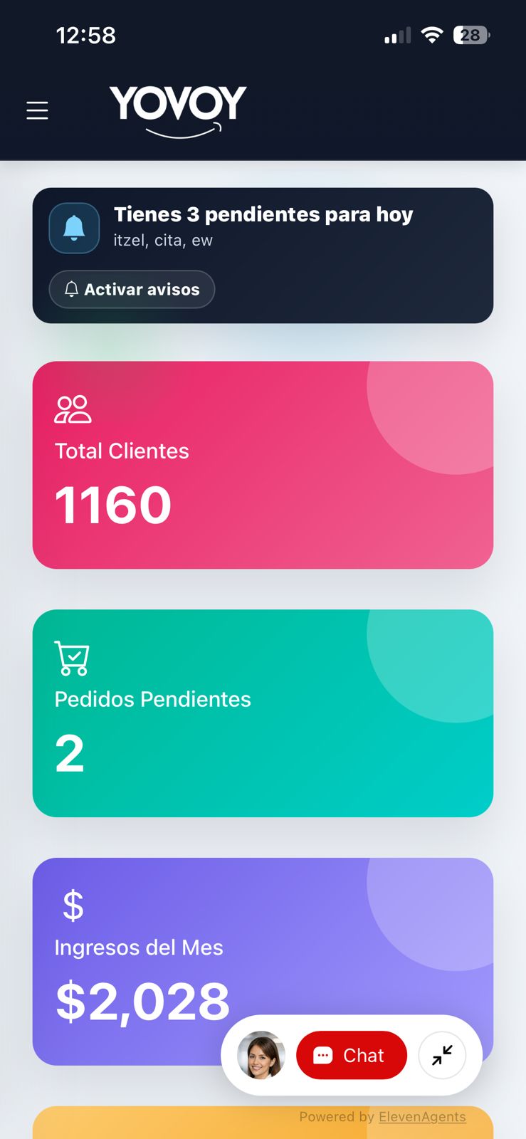 Dashboard movil de YOVOY CRM
